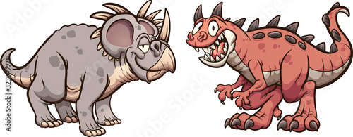Styracosaurus and carnotaurus dinosaurs smiling and standing in front of each other. Vector cartoon clip art illustration with simple gradients. Each on a separate layer.