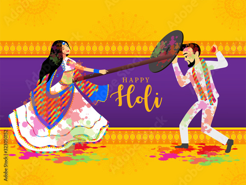 Beautiful woman hurl sticks at the man he try to save him with shield, to celebrating festival of india Lathmar Holi.