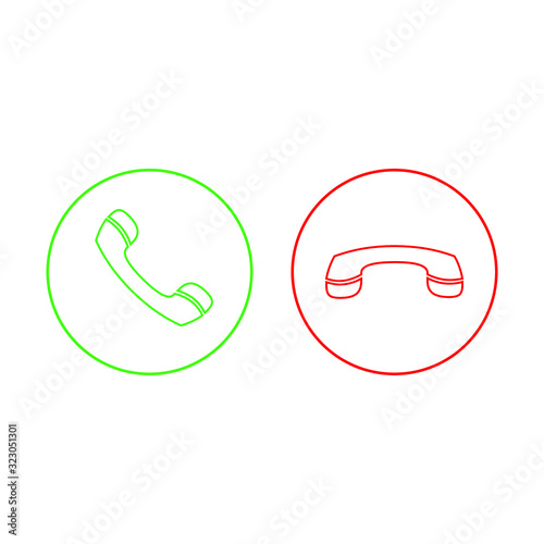 Accept call and decline phone outline icons. Green and red buttons with handset. Vector symbol set isolated on white background