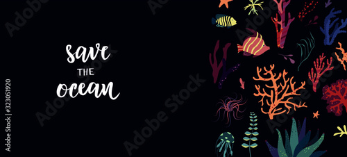 Save the ocean hand lettering text. Ecology print, planet and environment protection concept.