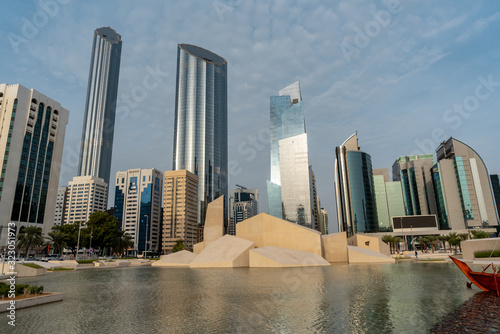 Abu Dhabi city skyscrapers and skyline, World Trade Center | Al Hosn modern museum celebrating the UAE culture | Modern city architecture design photo