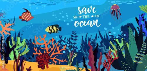 Save the ocean hand lettering text. Ecology print, planet and environment protection concept. Cute vector fishes