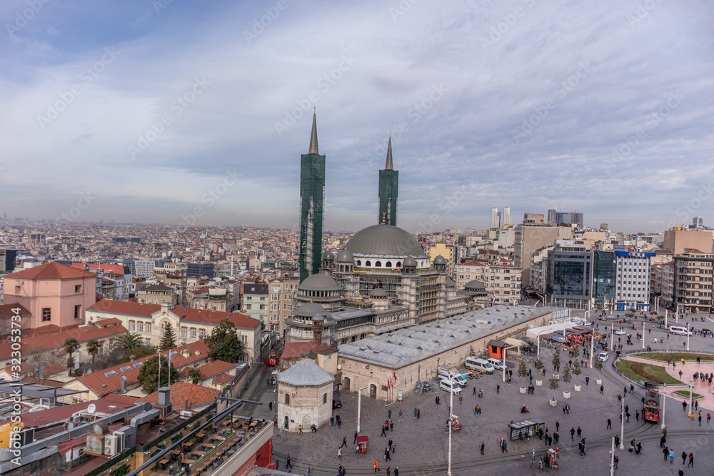 Fototapeta premium view Taksim mosque under the construction from roof