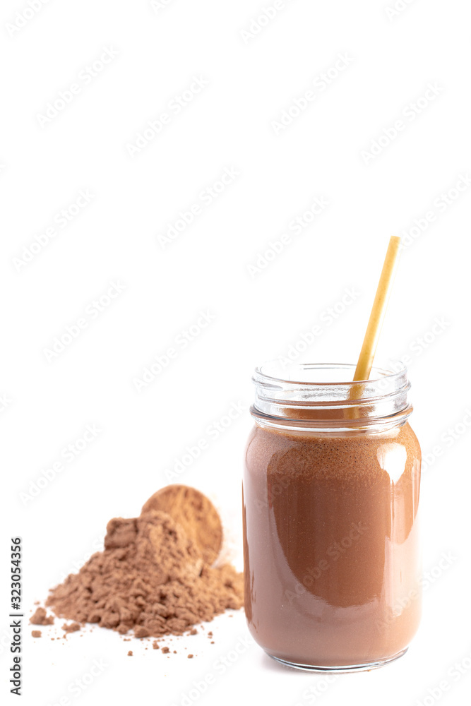 A Chocolate Protein Powder Shake Isolated on a White Background A Chocolate Protein Powder Shake Isolated on a White Background
