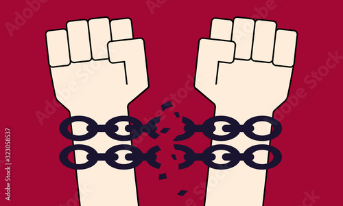 A man with his fists raised breaks the chains. Freedom concept. Flat design. Vector illustration