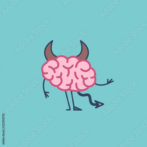 Insidious brain. Vector concept illustration of hells devil brain with corners, tail and hoof | flat design linear infographic icon on green background