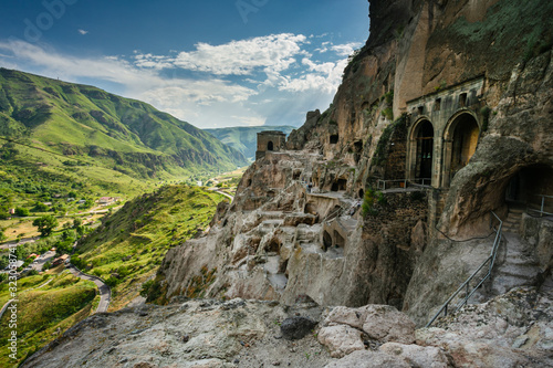 Caves of the ancient settlement of Vardzia in Georgia. View of the many permitted caves. Tourist attraction of Georgia.