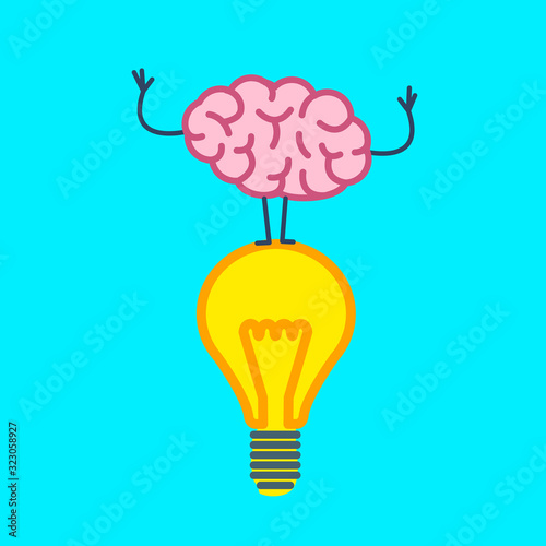 Brain on idea. Vector concept illustration of brain standing on bulb | flat design linear infographic icon on blue background