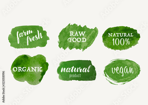 set of Organic label and natural label hand drawn stain brush. Tag and Sticker Farm fresh logo vegan food mark.