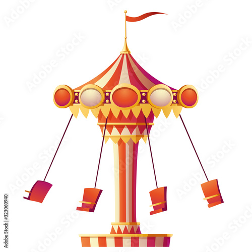 Wave swinger carousel ride with seats hanging on chains in amusement carnival park isolated on white background