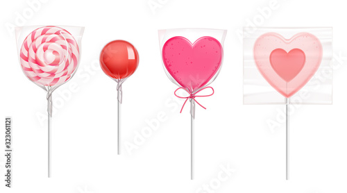 Lollipop in heart shape, spiral and round candies in transparent plastic pack isolated on white background. Vector realistic pink caramel on stick for Valentines day. Wrapped sweets in clear package