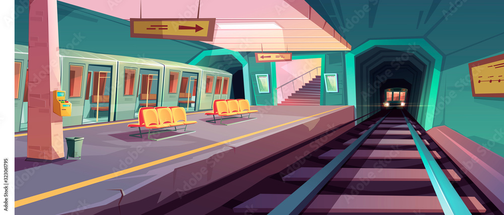 Metro station, arriving train to empty subway platform from underground tunnel. Vector cartoon illustration of subway interior with ticket vending machine, seats, map and stairs Metro station, arriving train to empty subway platform from underground tunnel. Vector cartoon illustration of subway interior with ticket vending machine, seats, map and stairs