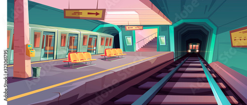Metro station, arriving train to empty subway platform from underground tunnel. Vector cartoon illustration of subway interior with ticket vending machine, seats, map and stairs