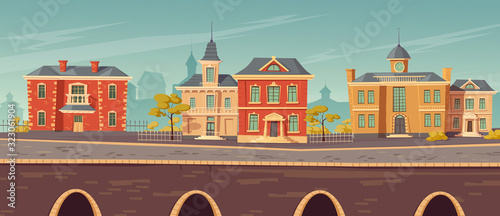 19th century town street with european colonial victorian style buildings and lake promenade. Vector cartoon illustration of city landscape with old vintage architecture. Retro cityscape river shore