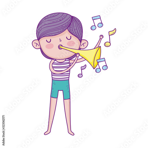 little musician boy playing music with trumpet cartoon