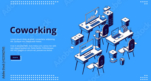 Coworking space isometric landing page. Empty office business center interior, workplace with computers on desks. Area for teamwork, freelance 3d vector illustration, line art, web banner, background.