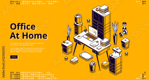 Office at home isometric landing page. Workplace with computer table, laptop and litter bin, working place desk for businessman, analyst, freelancer, 3d vector illustration, web banner, line art