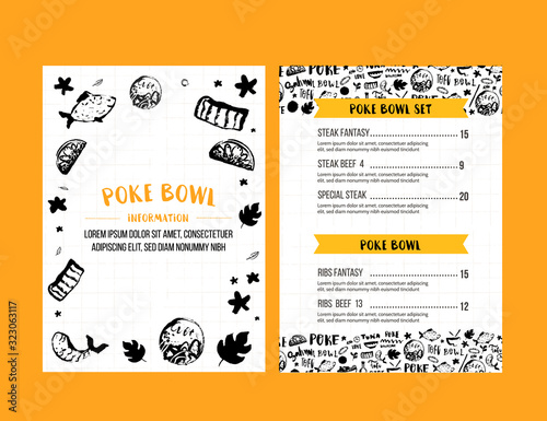 Poke bowl restaurant menu design. Colorful grunge cafe template, healthy hawaiian nutrition, fish banner