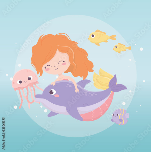 Quadro su tela mermaid jelyfish fishes bubbles cartoon under the sea