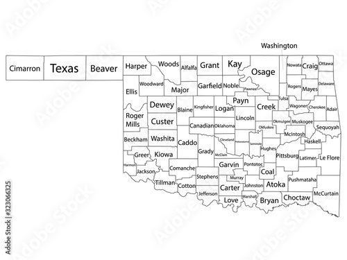 White Outline Counties Map With Counties Names of US State of Oklahoma