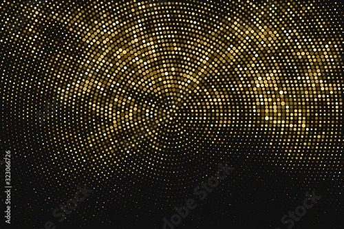 Gold Glitter Halftone Dotted Backdrop. Abstract Circular Retro Pattern. Pop Art Style Background. Golden Explosion Of Confetti. Digitally Generated Image. Vector Illustration, Eps 10.  