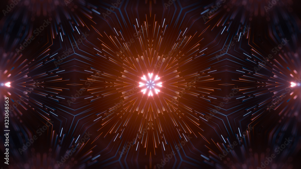 Fototapeta premium Abstract creative kaleidoscope background. Luminous neon glowing rays. Pattern diversity, beautiful fireworks, colorful explosion, big bang. Modern bright illumination. 3d rendering