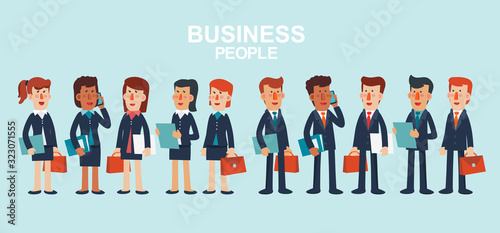 Young businessmen and business women talking and discussing. Vector illustration of business characters. Teamwork and partnership vector concept 