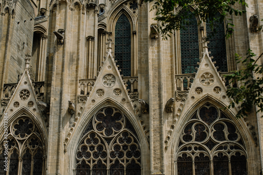 Architecture and details of the Old, Gothic cathedral in the Norman city of Bayeux, France.
