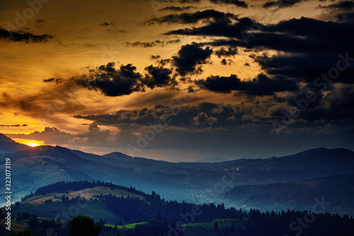 wildflowers, meadow and golden sunset in carpathian mountains - beautiful summer landscape, spruces on hills, dark cloudy sky and bright sunlight