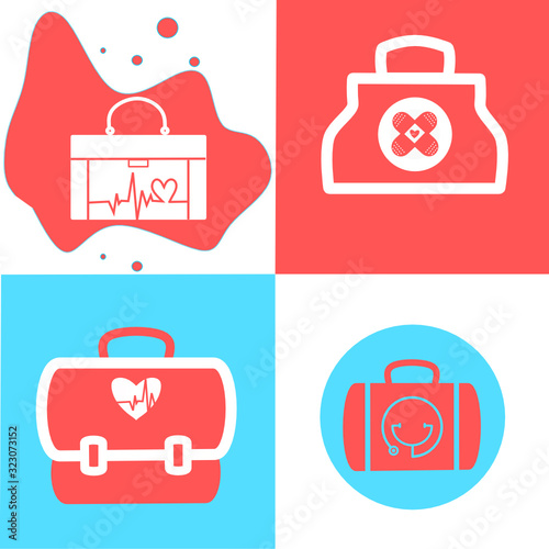 First aid kit medicine cartoon style isolated. Doctor's first-aid kit in cartoon style. Medicine chest vector illustration. Study Medicine Doctor's Kit With Bag. Pharmacy. Medical Kit icon vector set