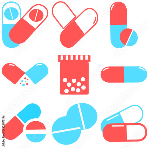 Medical pills icons set. Medicine, pharmacy, hospital set of drugs. Medication, pharmaceutics concept. Vector illustration. Drugs flat icons: pills, capsules. healthcare medicine icon