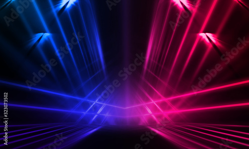 Empty stage, blue and pink, purple neon, abstract background. Rays of searchlights, light, abstract tunnel, corridor.