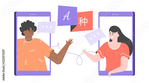Language exchange, school courses, communication with foreigners. Intercultural characters. Vector concept illustration for mobile chat service, instant messenger, online dictionary.  Intercultural