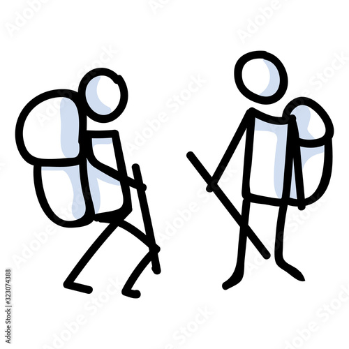 Hiking stick figure line art icon. Carrying backpack, track pole with group . Outdoor leisure walking, climbing trekking lifestyle . Wilderness adventure and nature travel bonding concept.