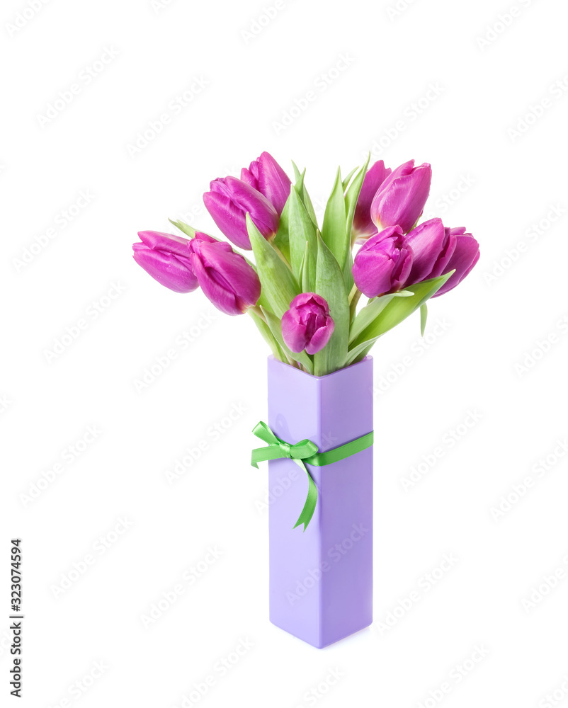 Purple tulips in the bag isolated on white