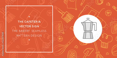 Coffee shop seamless pattern. Cafeteria banner design and coffee tag label with set of line icons. Cookery emblem, bakery background, organic coffee logo, take away coffee, 100% arabica badge.