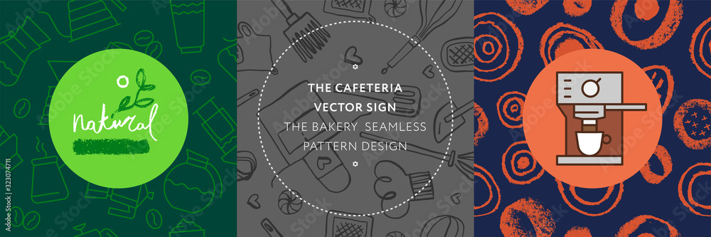 Coffee shop seamless pattern. Cafeteria banner design and coffee tag label with set of line icons. Cookery emblem, bakery background, organic coffee logo, take away coffee, 100% arabica badge.