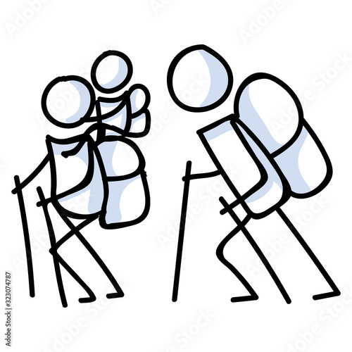 Hiking stick figure family line art icon. Carrying backpack, piggyback ride, track pole and kids . Outdoor leisure walking, climbing and trekking lifestyle . Wilderness adventure and nature travel.