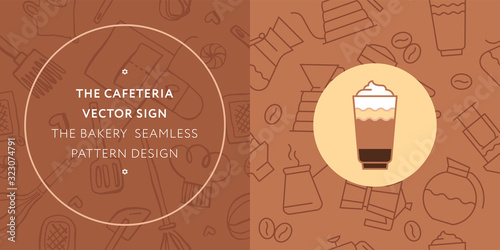 Coffee shop seamless pattern. Cafeteria banner design and coffee tag label with set of line icons. Cookery emblem, bakery background, organic coffee logo, take away coffee, 100% arabica badge.