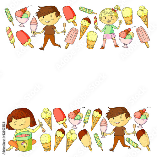 Little children eating ice cream. Summer vacation. Sweet fruit desert.