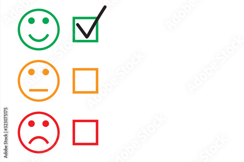 Set of smiley emoticons with checkboxes on background. Three colored faces emojis expressing good level of satisfaction. Vector feedback survey template with copy space. Choose option, yes, maybe, no.