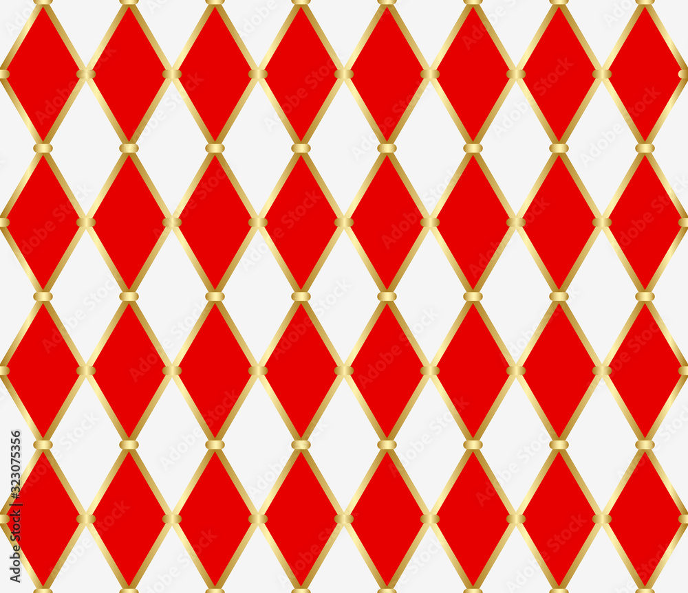 Harlequin ornament. Golden grid with red and white rhombuses. Abstract seamless pattern for interior decoration, design packaging and textile. Vector illustration