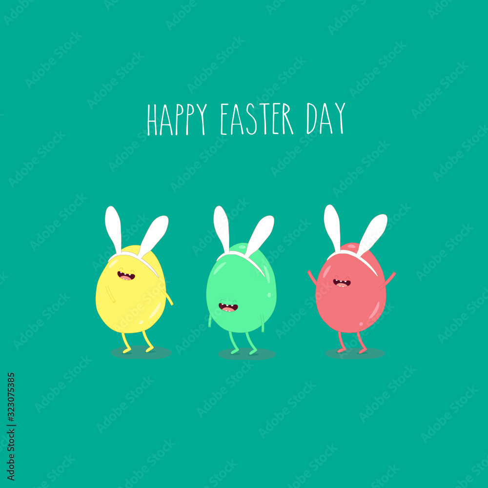 Easter eggs, funny egg yellow, red and green in the rabbit ears are friends forever. Easter eggs, funny egg yellow, red and green in the rabbit ears are friends forever.