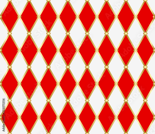 Harlequin ornament. Golden grid with red and white rhombuses. Abstract seamless pattern for interior decoration, design packaging and textile. Vector illustration