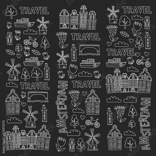 Vector pattern with Holland, Netherlands, Amsterdam icons. Doodle style.