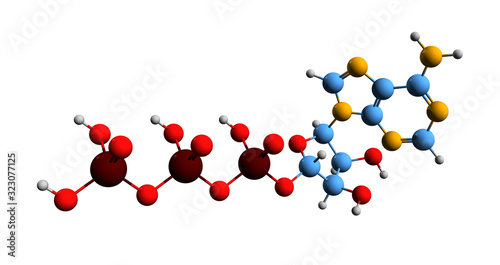 3D image of ATP skeletal formula - molecular chemical structure of Adenosine triphosphate isolated on white background photo