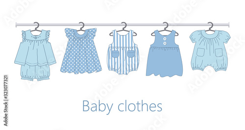 Rack with baby clothes on hangers. There are dresses, overalls and other things in the picture. Vector flat illustration