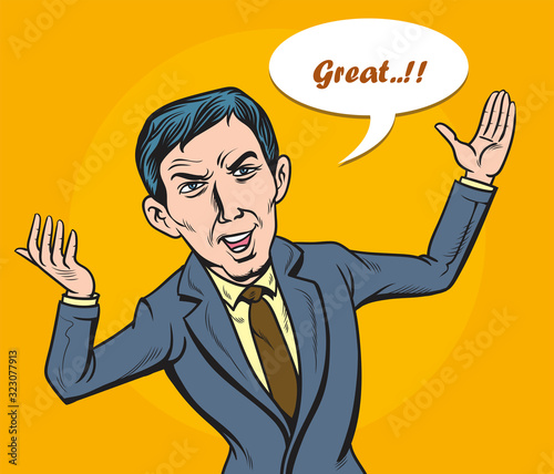 Business people are introducing his great work project by raising hands. Pop art retro vector illustration comic. Separate images of people from the background.