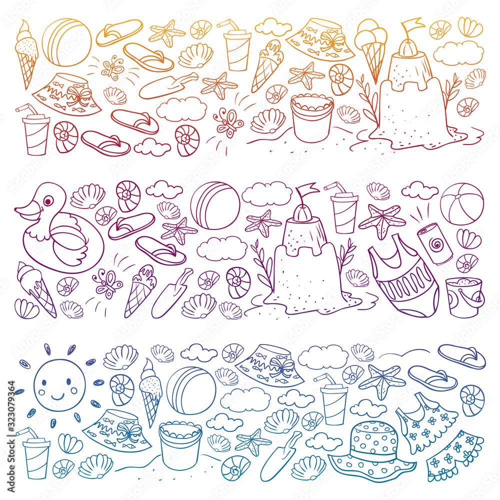 Vector set of beach icons for summer posters, banners. Sea, ocean vacations. Kids drawing style. Vector set of beach icons for summer posters, banners. Sea, ocean vacations. Kids drawing style.