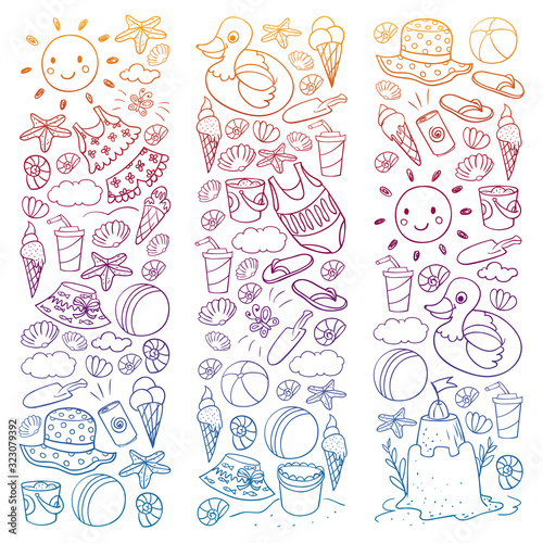 Vector set of beach icons for summer posters, banners. Sea, ocean vacations. Kids drawing style.